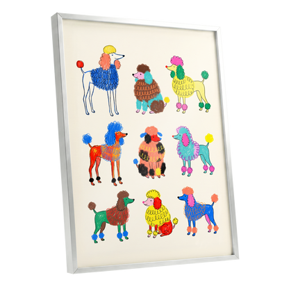 Poodle Parade, multicolor, beige, blue nature wall art shown as a silver framed poster wall art print
