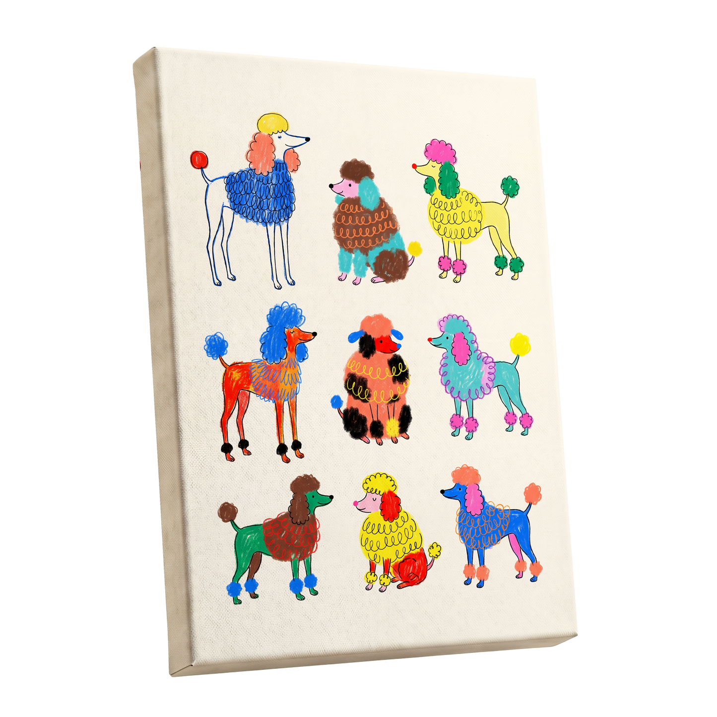 Poodle Parade, multicolor, beige, blue nature wall art shown as a stretched canvas wall art