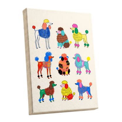 Poodle Parade, multicolor, beige, blue nature wall art shown as a stretched canvas wall art