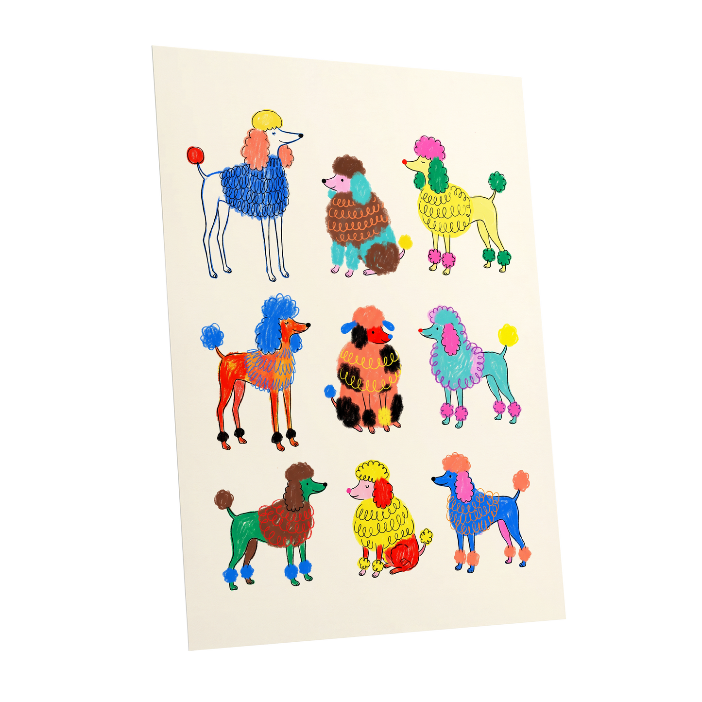 Poodle Parade, multicolor, beige, blue nature wall art shown as a unframed poster wall art print