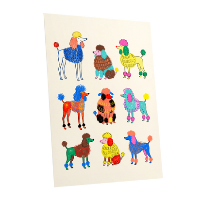 Poodle Parade, multicolor, beige, blue nature wall art shown as a unframed poster wall art print