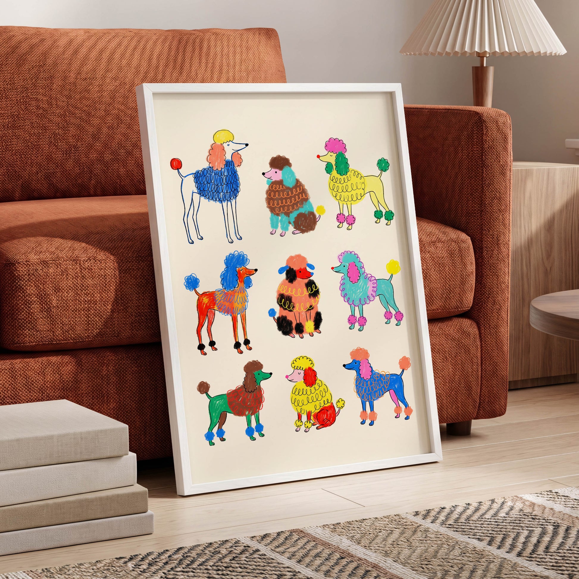 Poodle Parade, multicolor, beige, blue nature wall art displayed in a styled interior, gallery view 2
