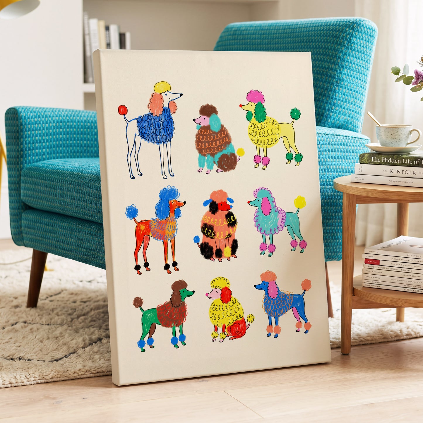 Poodle Parade, multicolor, beige, blue nature wall art displayed in a styled interior, gallery view 3