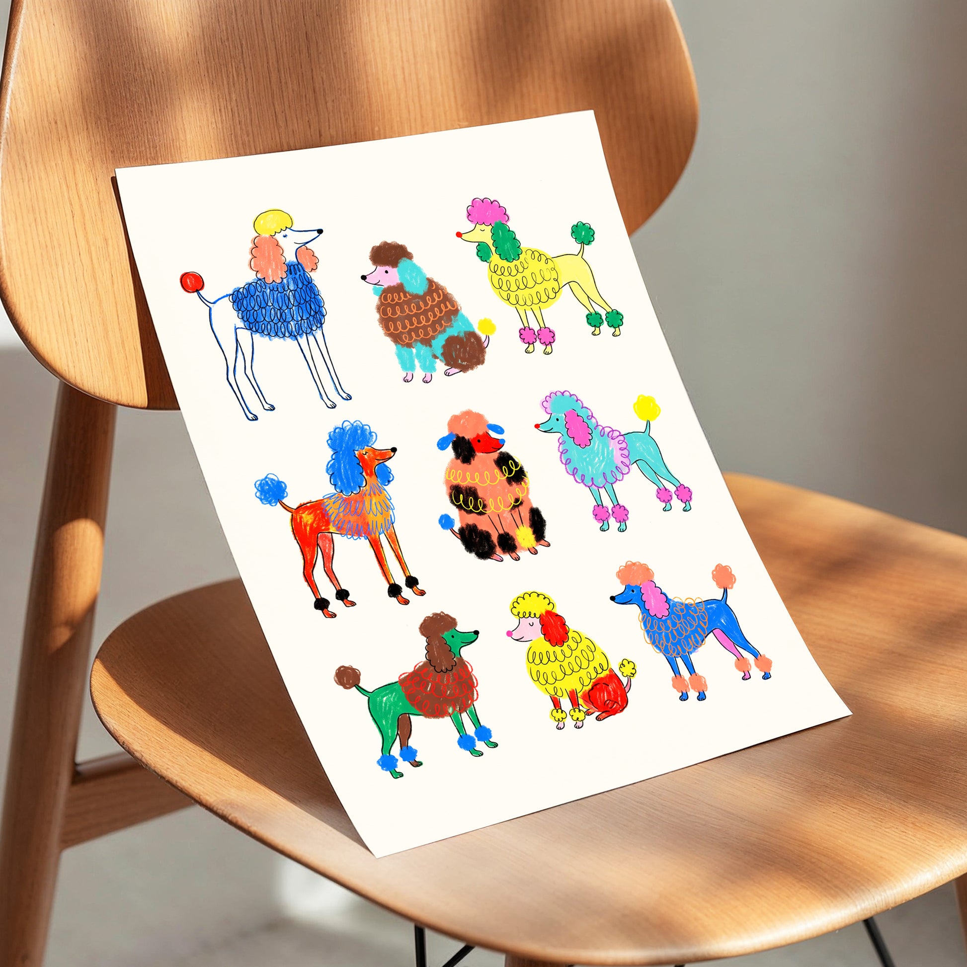 Poodle Parade, multicolor, beige, blue nature wall art displayed in a styled interior, gallery view 5
