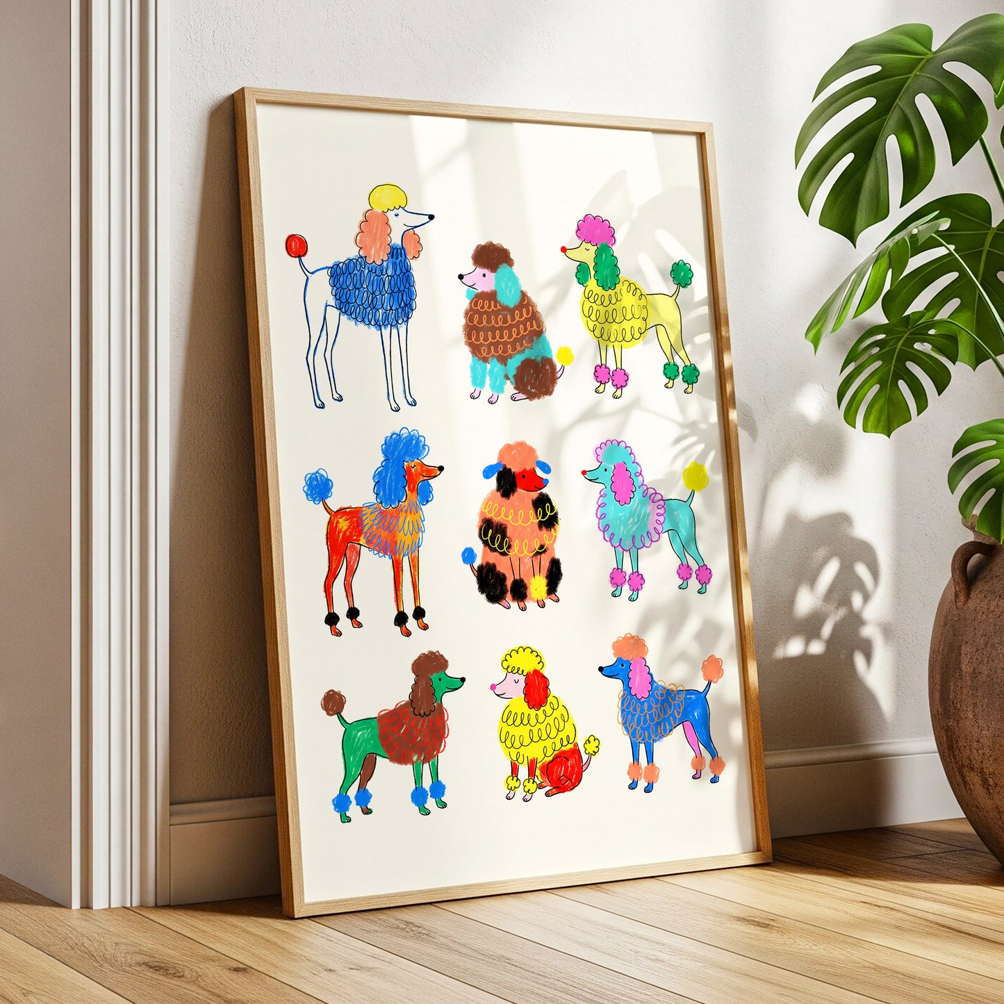 Poodle Parade, multicolor, beige, blue nature wall art displayed in a styled interior, gallery view 6