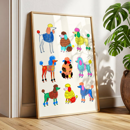 Poodle Parade, multicolor, beige, blue nature wall art displayed in a styled interior, gallery view 6