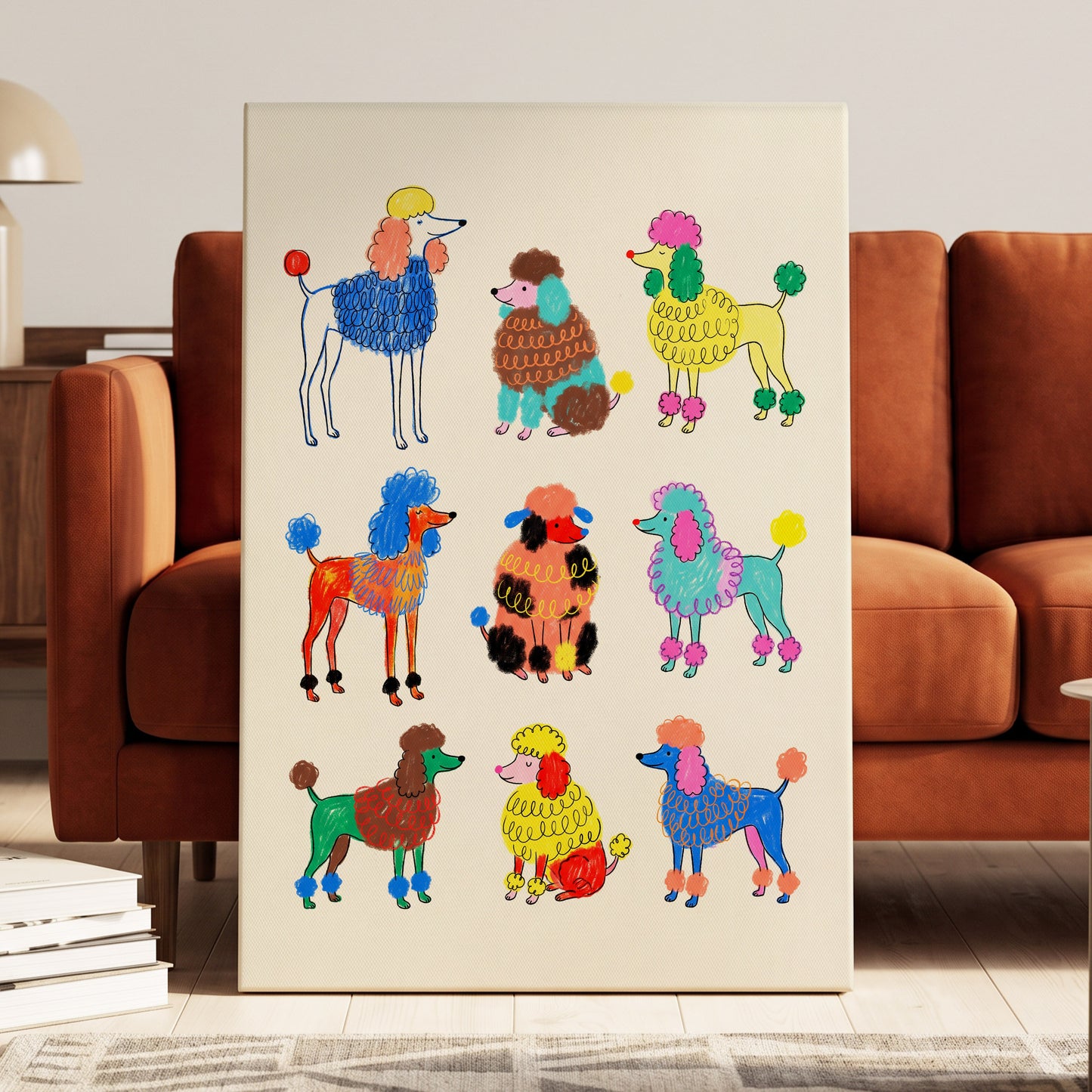 Poodle Parade, multicolor, beige, blue nature wall art displayed in a styled interior, gallery view 7