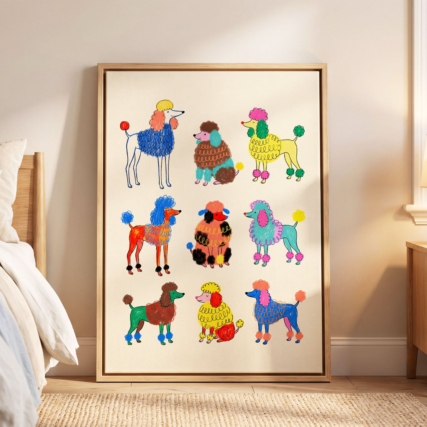 Poodle Parade, multicolor, beige, blue nature wall art displayed in a styled interior, gallery view 8