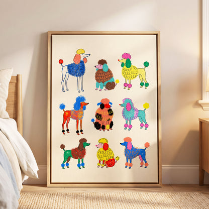 Poodle Parade, multicolor, beige, blue nature wall art displayed in a styled interior, gallery view 8