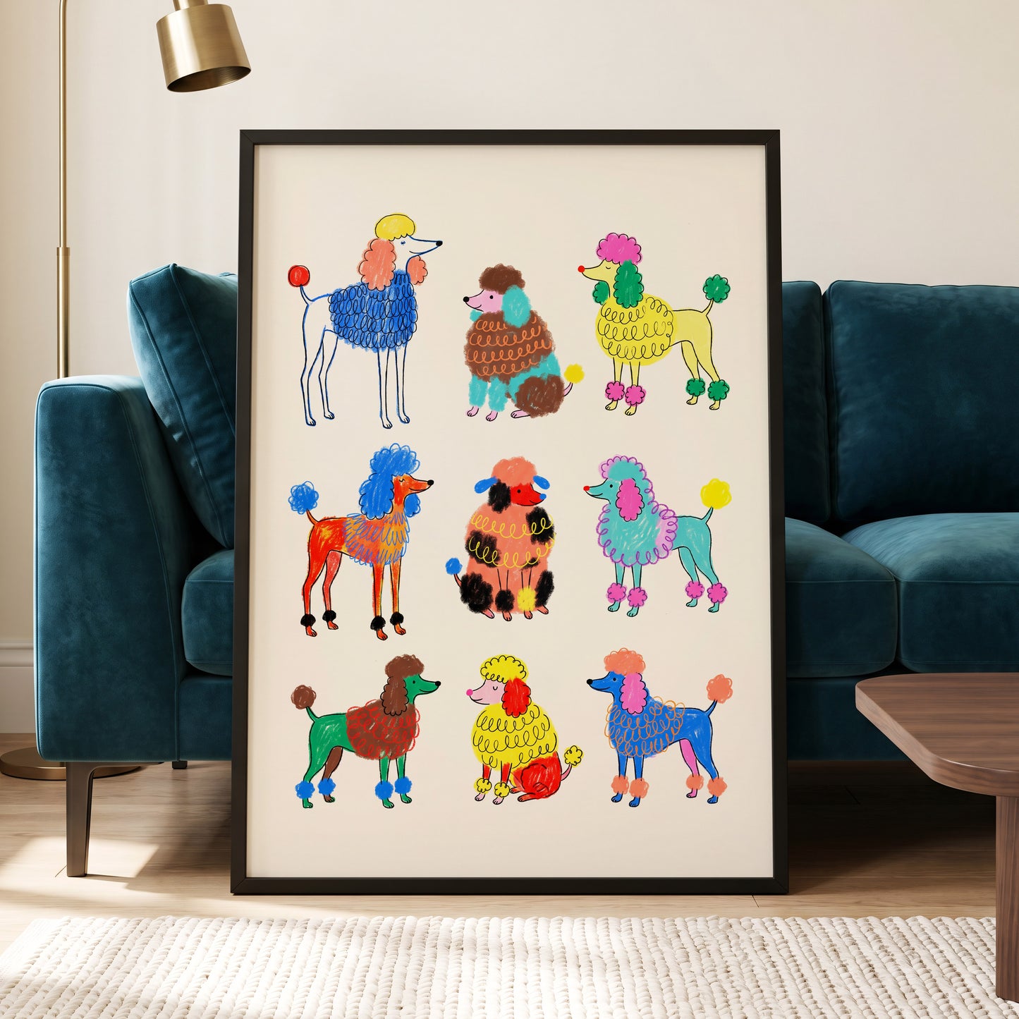 Poodle Parade, multicolor, beige, blue nature wall art displayed in a styled interior, gallery view 9
