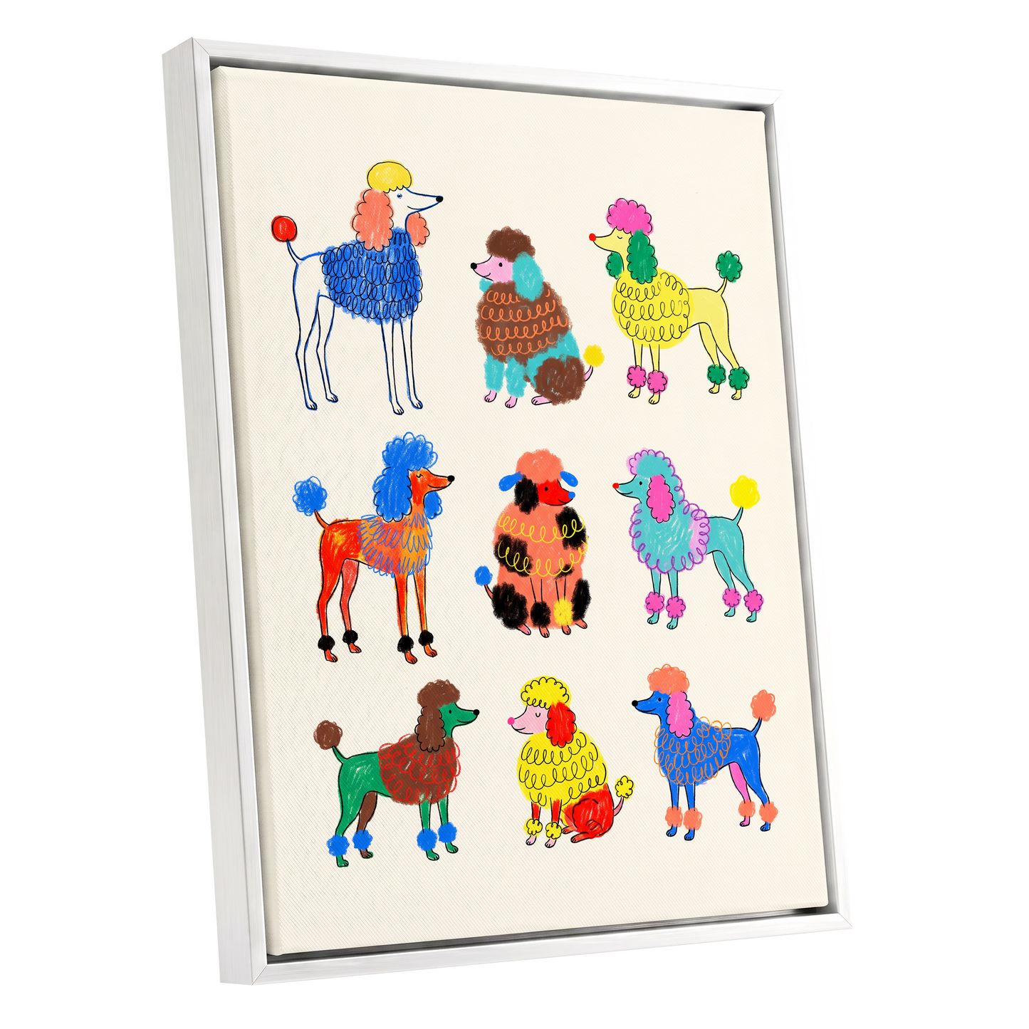 Poodle Parade, multicolor, beige, blue nature wall art shown as a white framed canvas wall art