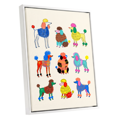 Poodle Parade, multicolor, beige, blue nature wall art shown as a white framed canvas wall art