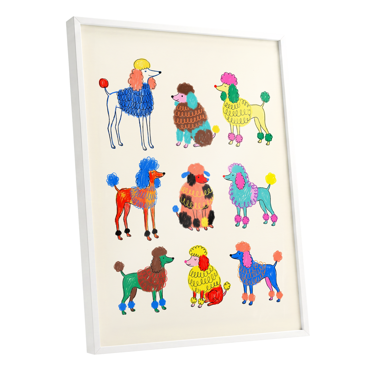Poodle Parade, multicolor, beige, blue nature wall art shown as a white framed poster wall art print