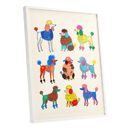 Poodle Parade, multicolor, beige, blue nature wall art shown as a white framed poster wall art print
