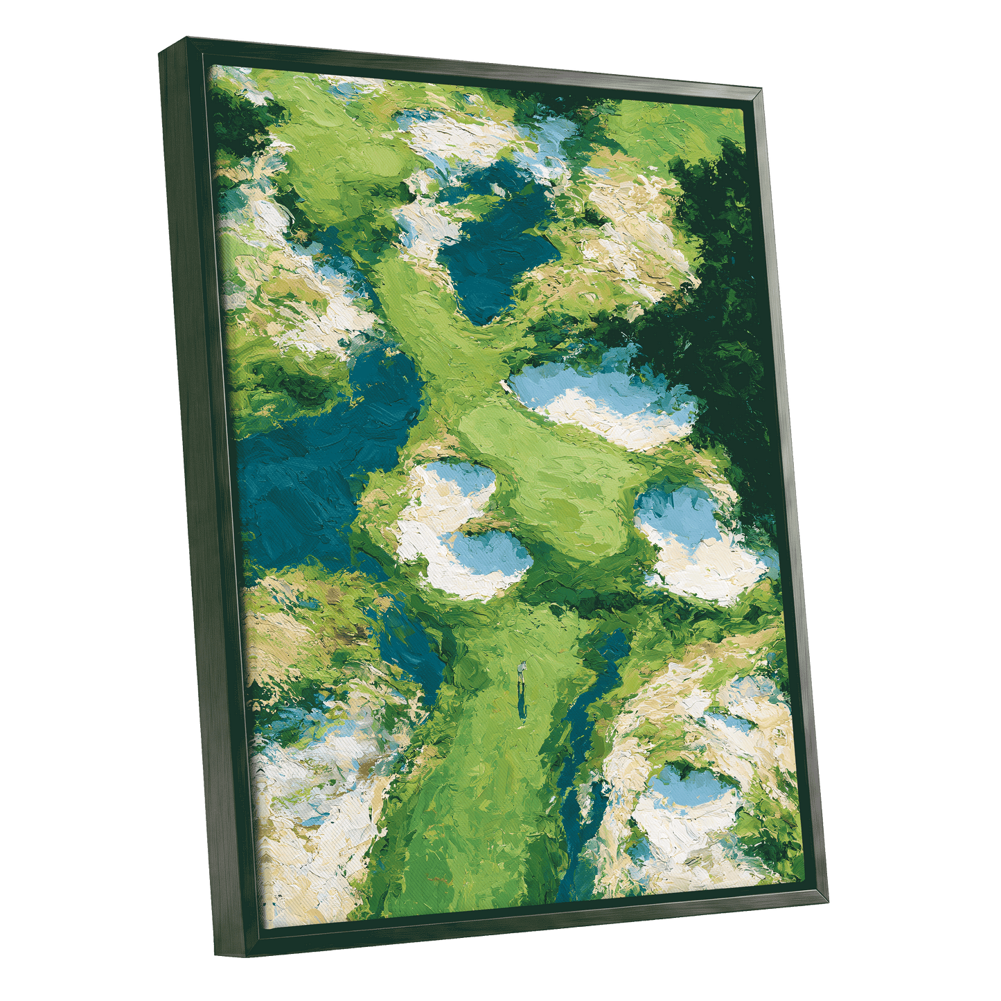 Pools Among the Green, green, blue, white nature wall art shown as a black framed canvas wall art