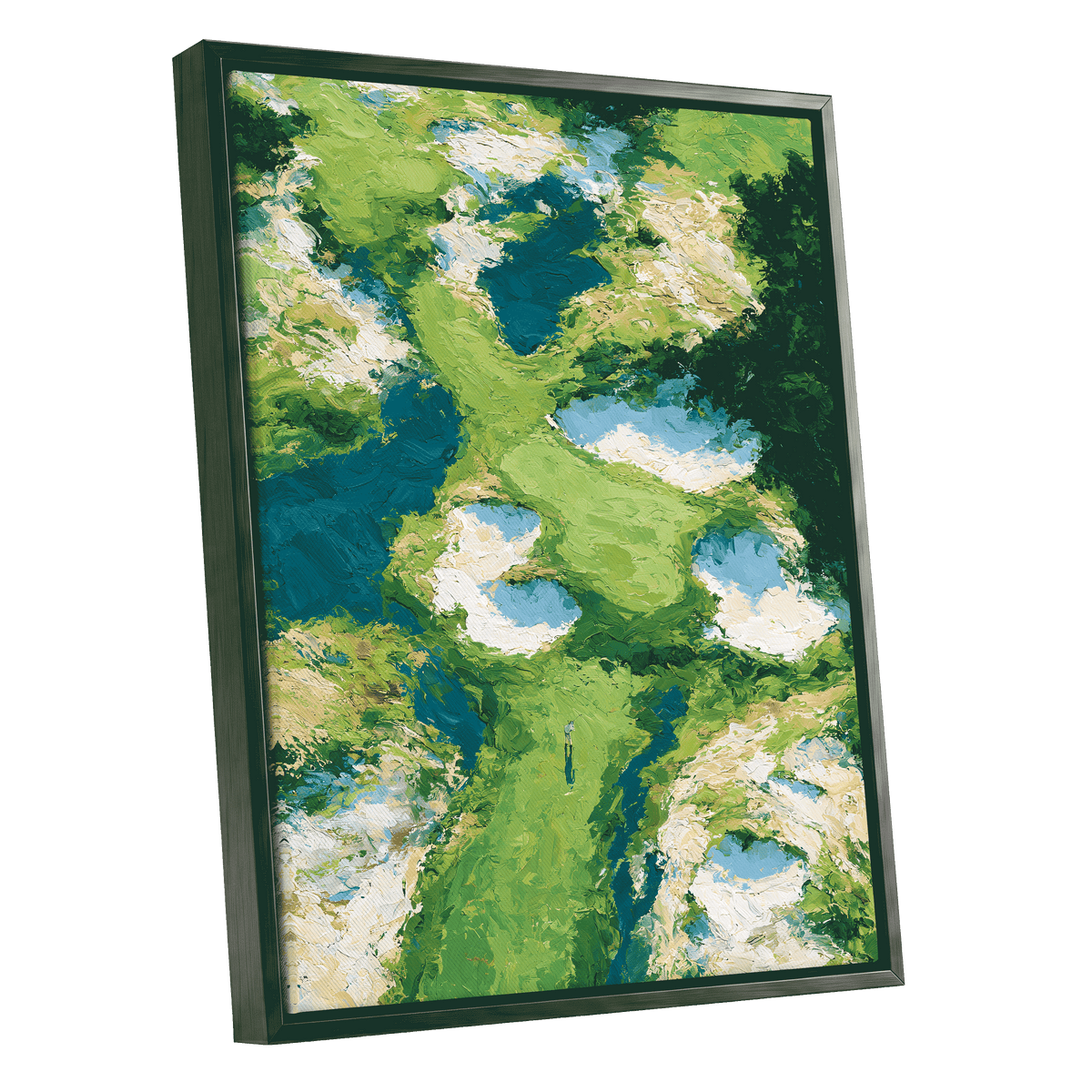 Pools Among the Green, green, blue, white nature wall art shown as a black framed canvas wall art