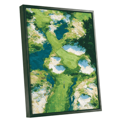 Pools Among the Green, green, blue, white nature wall art shown as a black framed canvas wall art