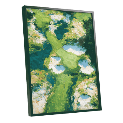 Pools Among the Green, green, blue, white nature wall art shown as a black framed poster wall art print