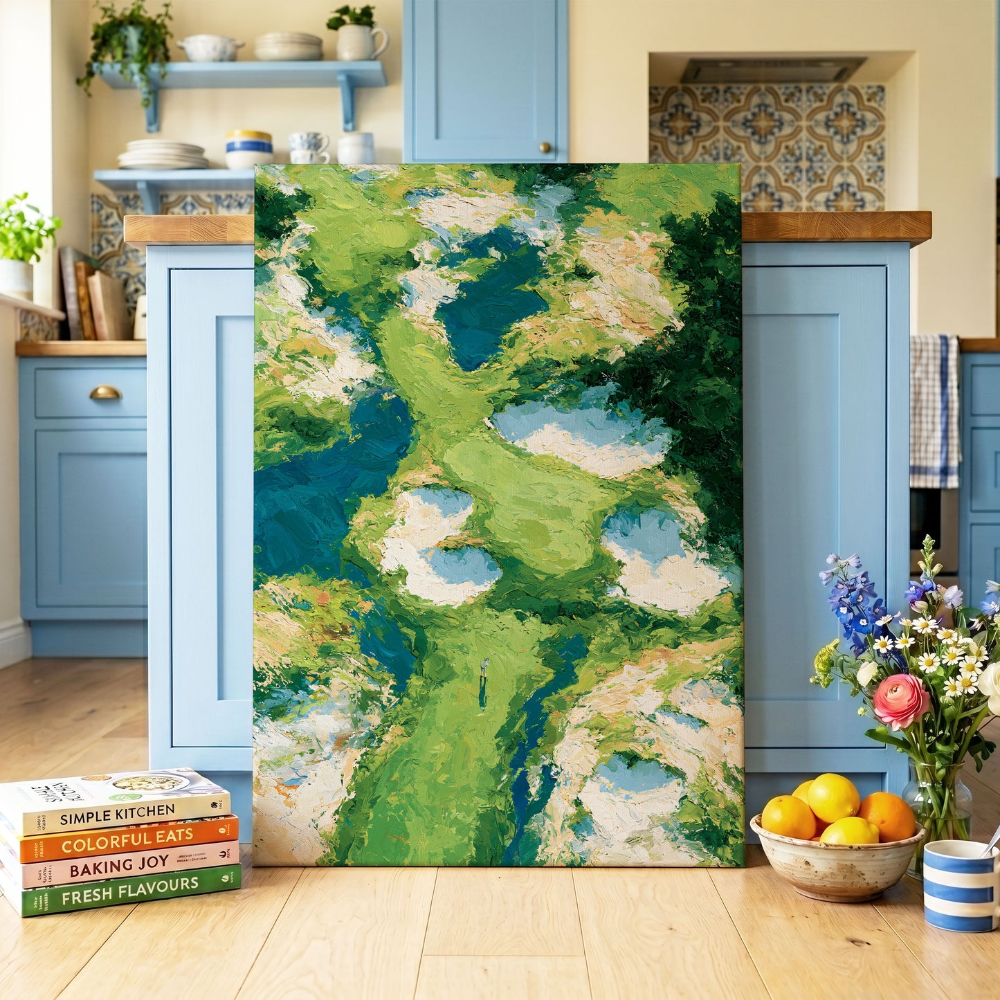 Pools Among the Green, green, blue, white nature wall art on canvas displayed in a styled interior, gallery view 1
