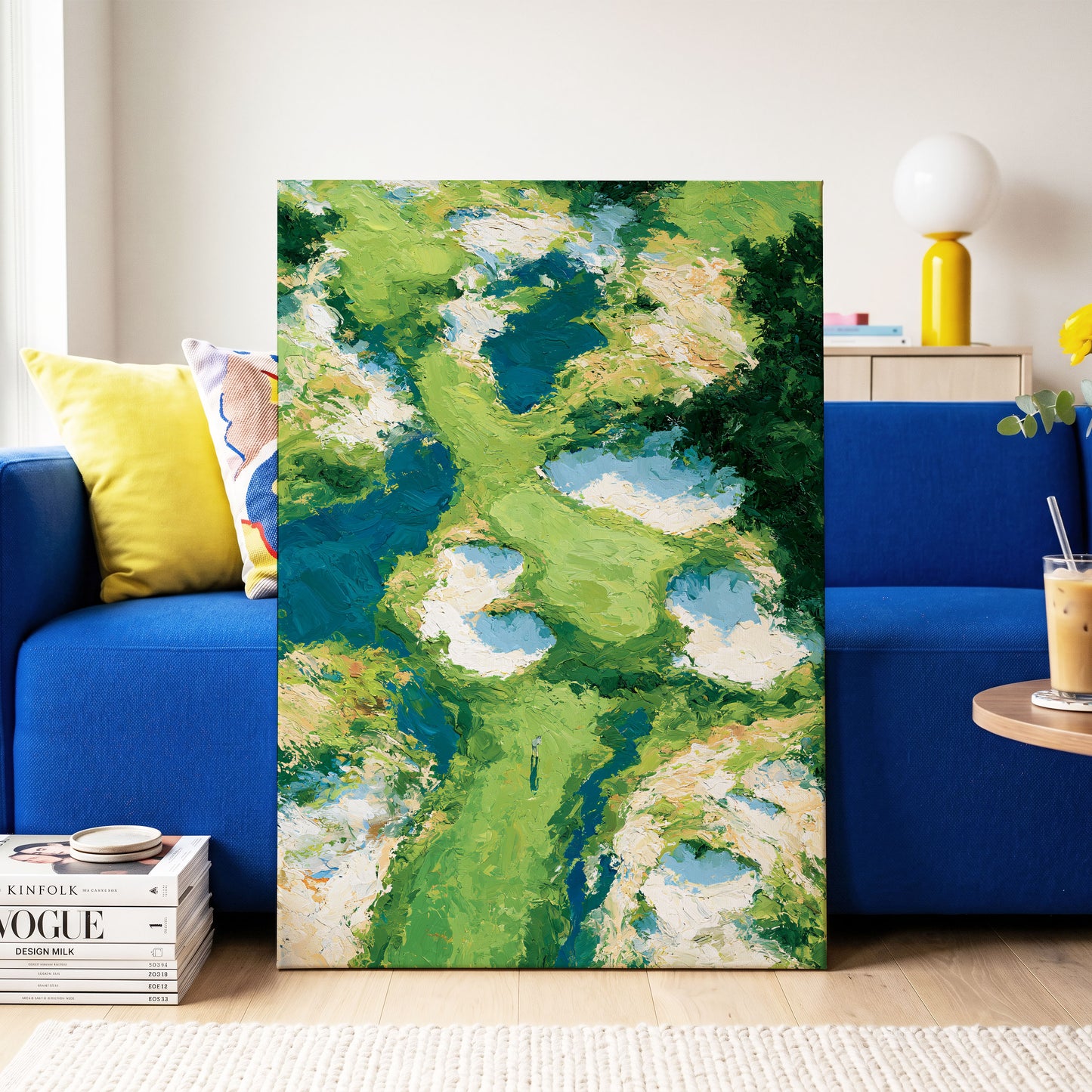 Pools Among the Green, green, blue, white nature wall art on canvas displayed in a styled interior, gallery view 2
