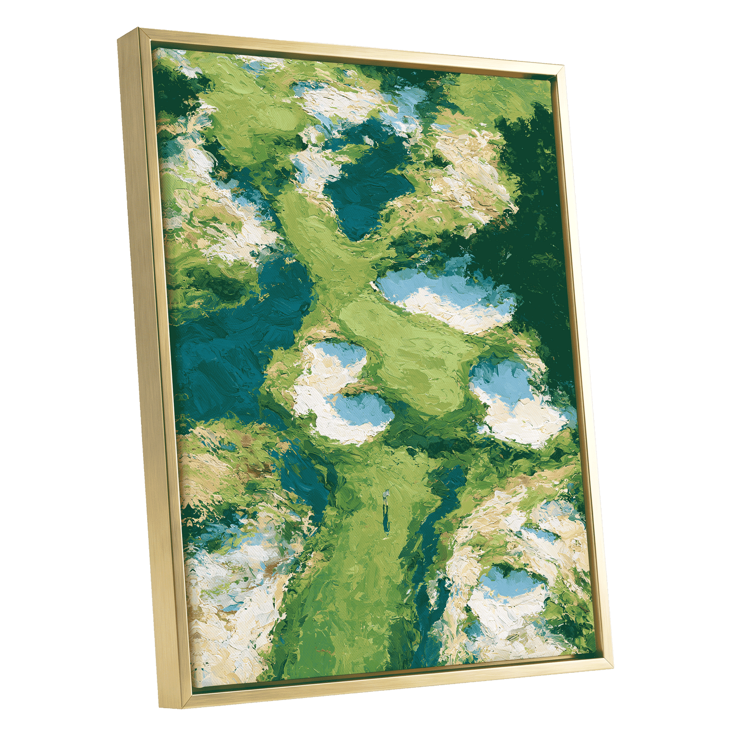 Pools Among the Green, green, blue, white nature wall art shown as a gold framed canvas wall art