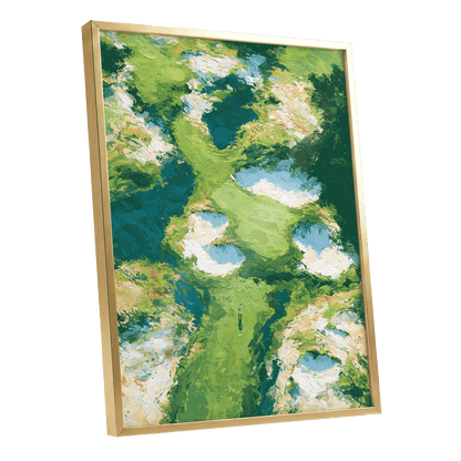 Pools Among the Green, green, blue, white nature wall art shown as a gold framed poster wall art print