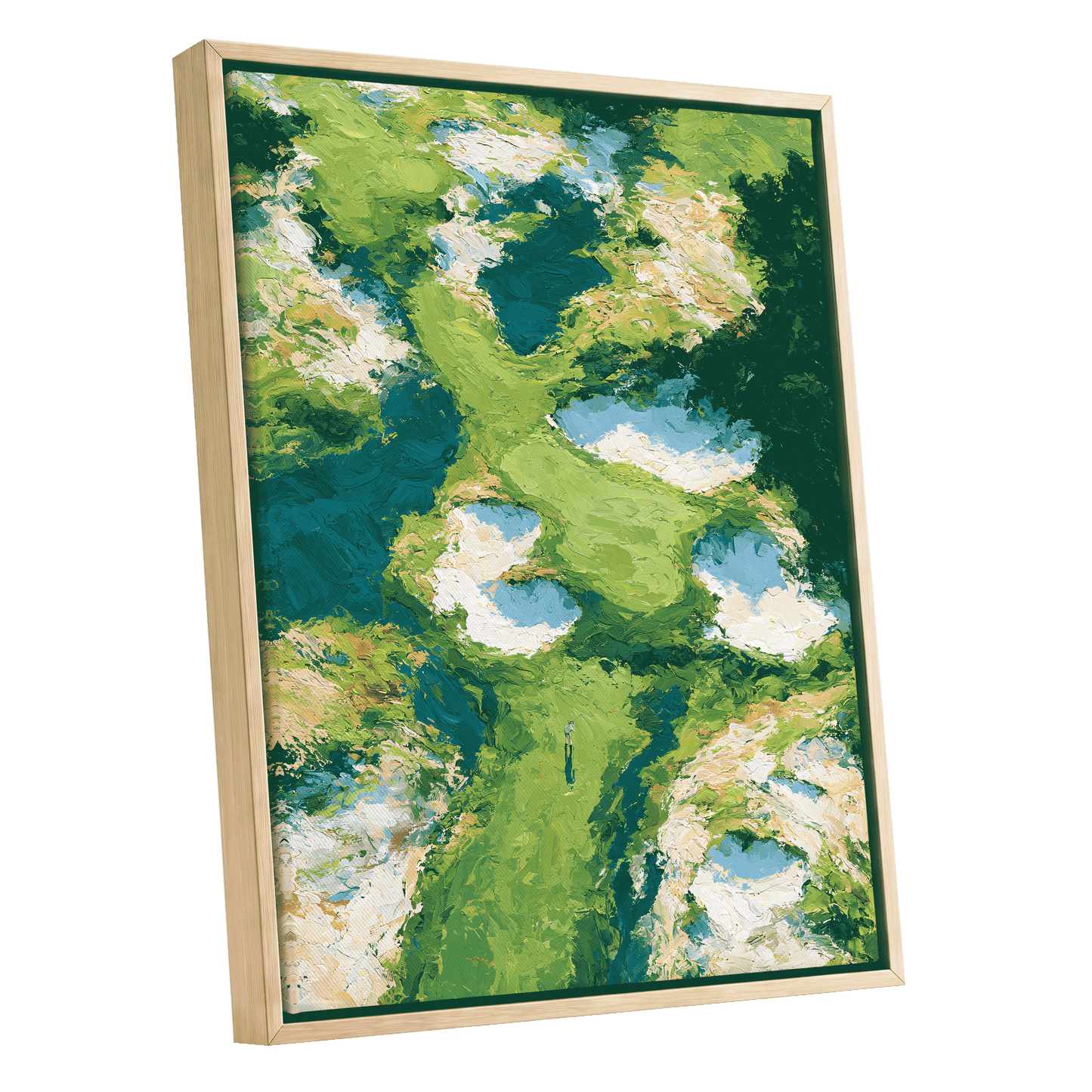 Pools Among the Green, green, blue, white nature wall art shown as a oak framed canvas wall art