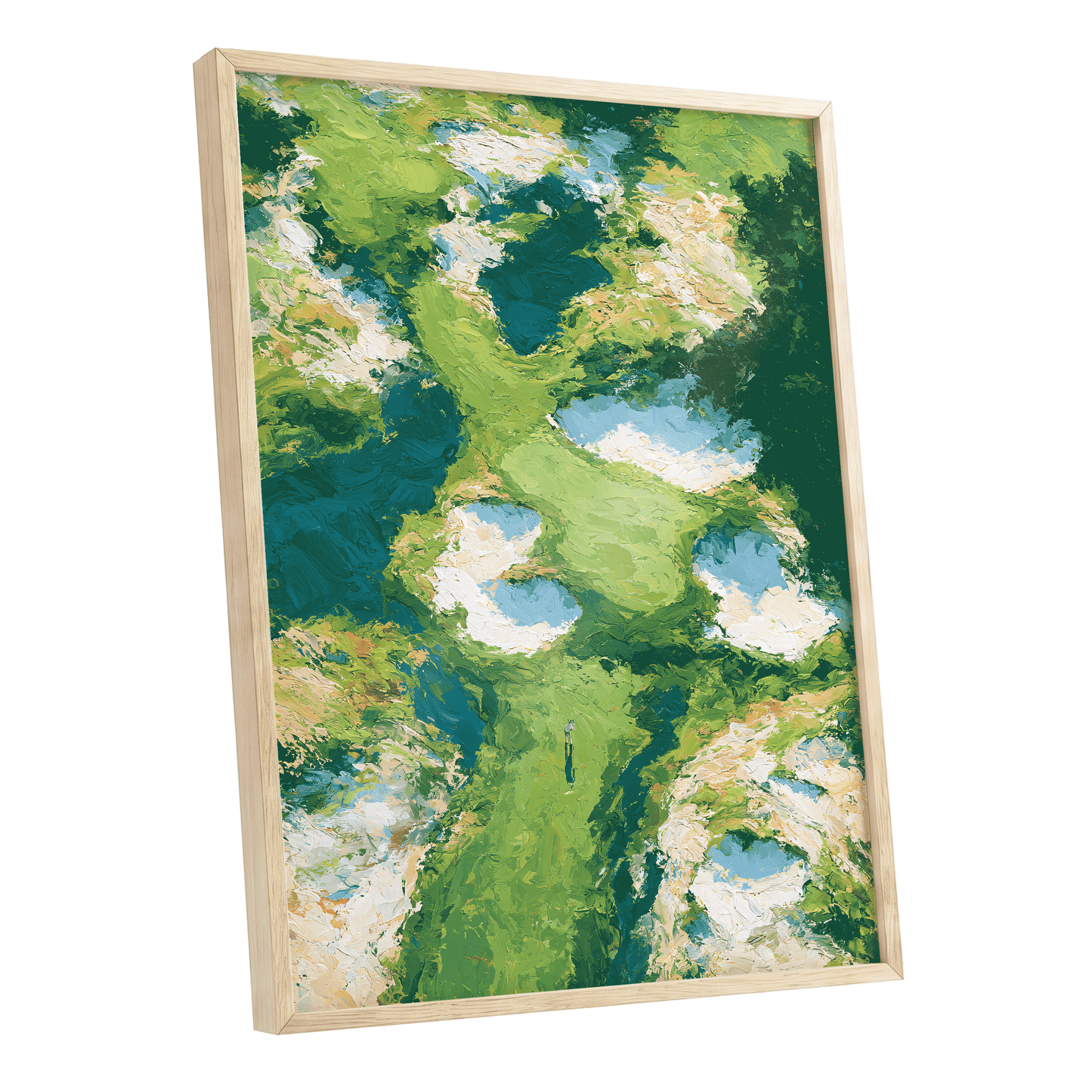 Pools Among the Green, green, blue, white nature wall art shown as a oak framed poster wall art print