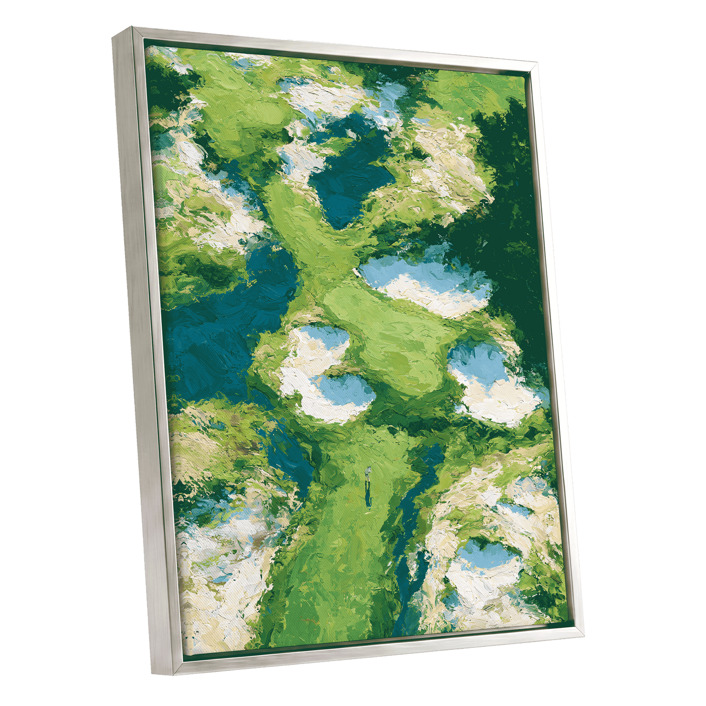 Pools Among the Green, green, blue, white nature wall art shown as a silver framed canvas wall art