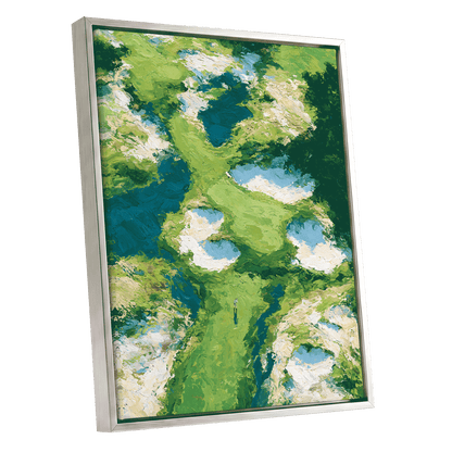 Pools Among the Green, green, blue, white nature wall art shown as a silver framed canvas wall art