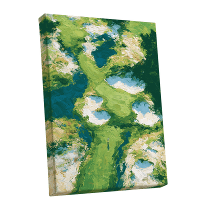 Pools Among the Green, green, blue, white nature wall art shown as a stretched canvas wall art