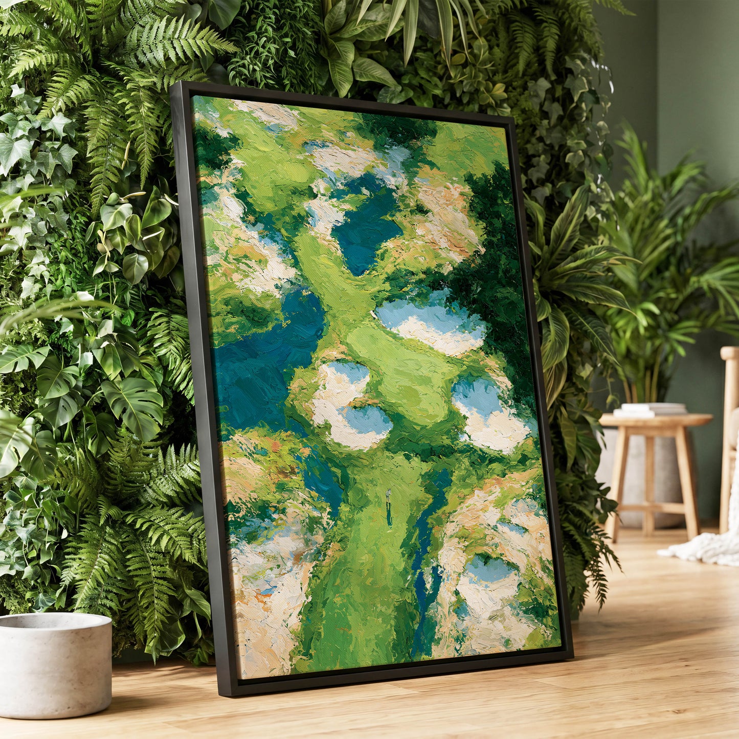 Pools Among the Green, green, blue, white nature wall art displayed in a styled interior, gallery view 1