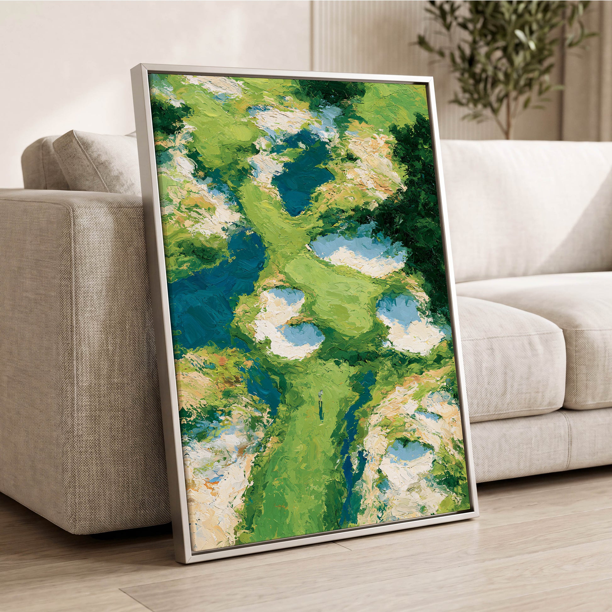 Pools Among the Green, green, blue, white nature wall art displayed in a styled interior, gallery view 2