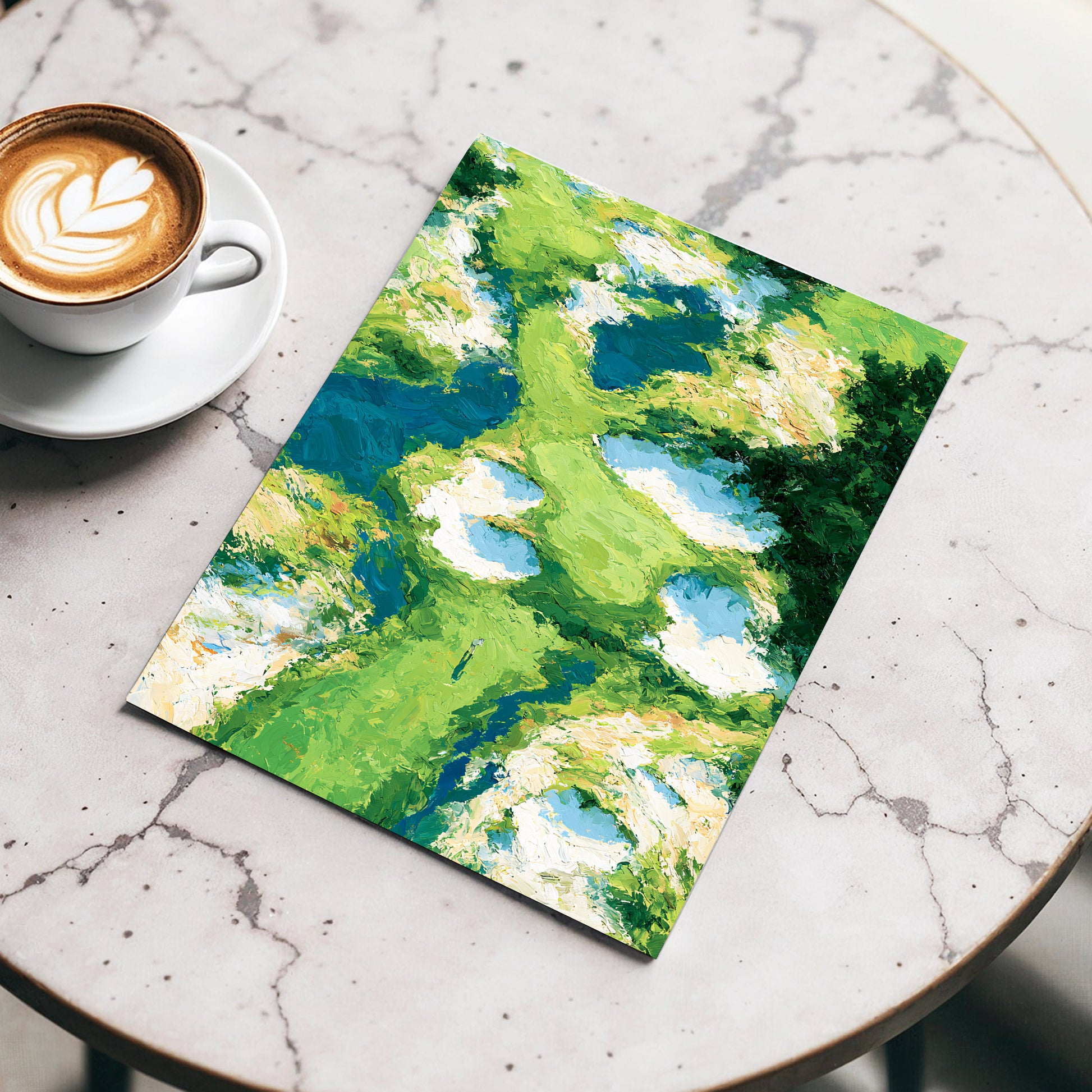 Pools Among the Green, green, blue, white nature wall art displayed in a styled interior, gallery view 3