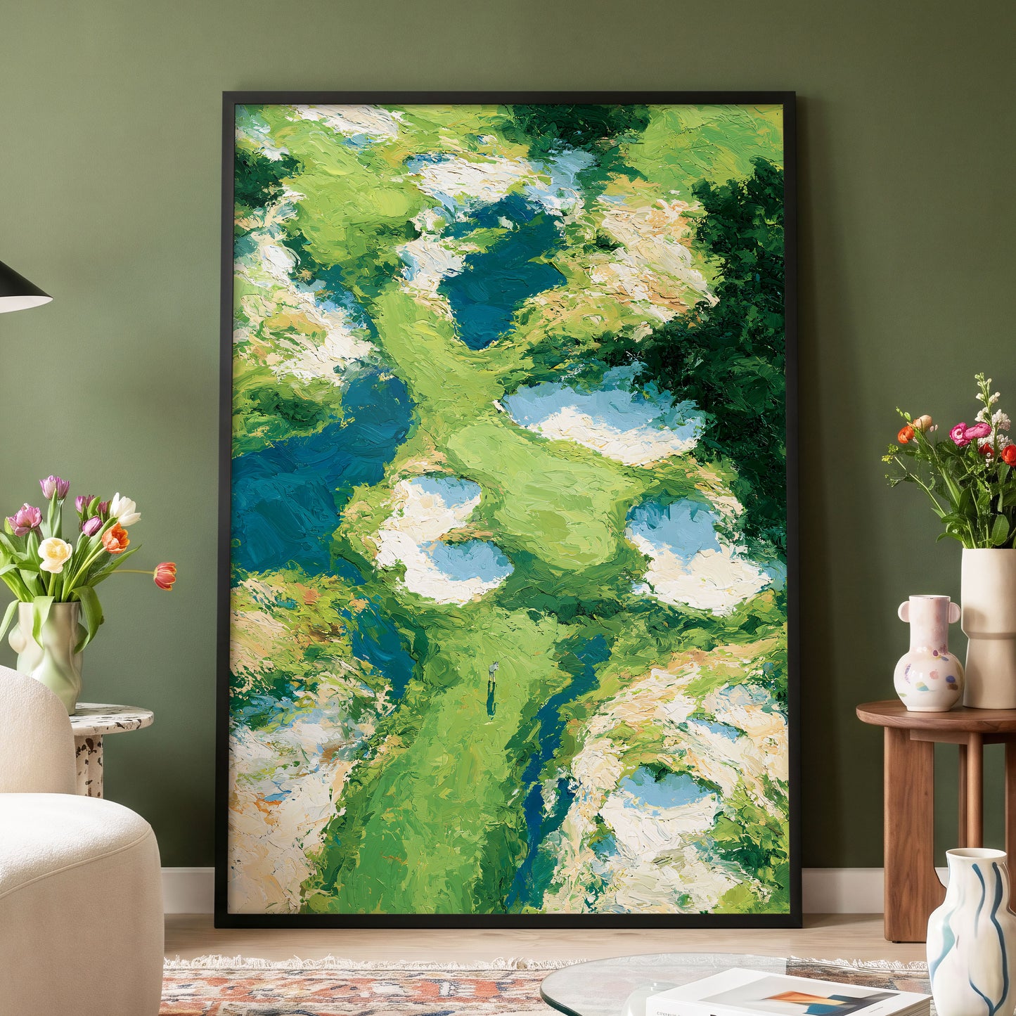 Pools Among the Green, green, blue, white nature wall art displayed in a styled interior, gallery view 4
