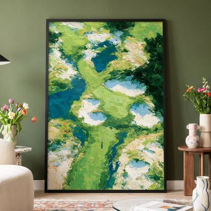 Pools Among the Green, green, blue, white nature wall art displayed in a styled interior, gallery view 4