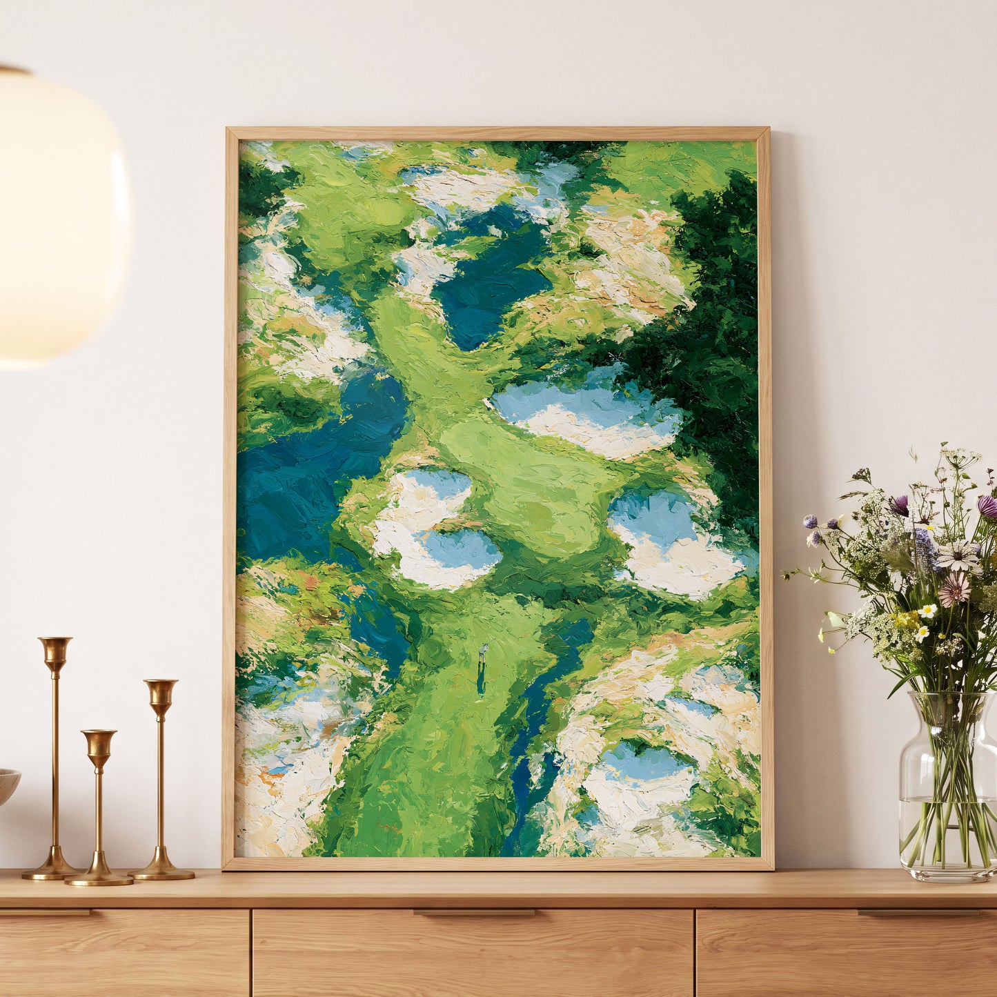 Pools Among the Green, green, blue, white nature wall art displayed in a styled interior, gallery view 5