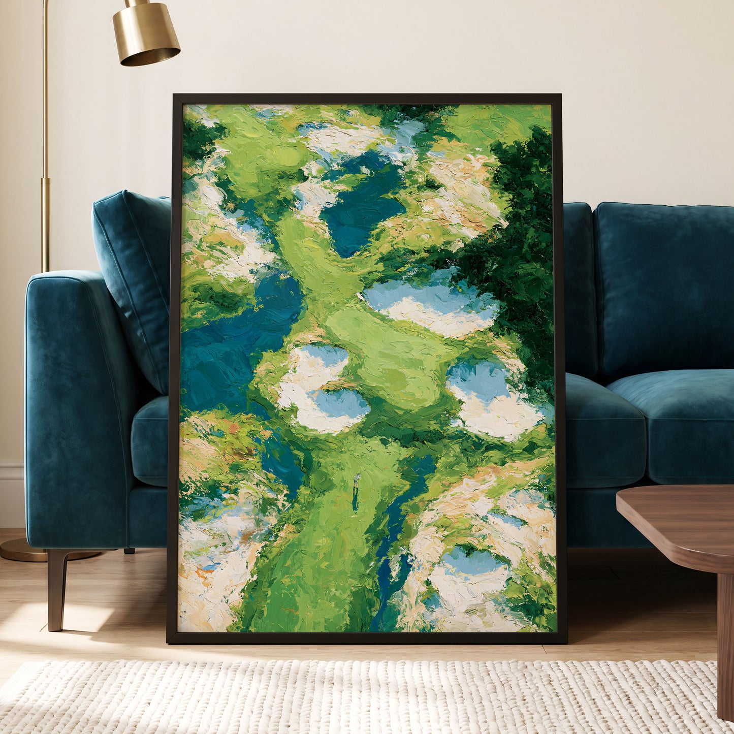 Pools Among the Green, green, blue, white nature wall art displayed in a styled interior, gallery view 6