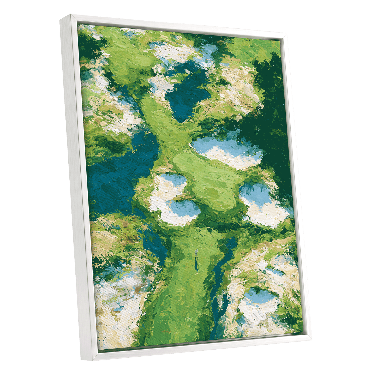 Pools Among the Green, green, blue, white nature wall art shown as a white framed canvas wall art