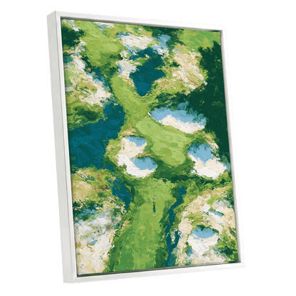 Pools Among the Green, green, blue, white nature wall art shown as a white framed canvas wall art