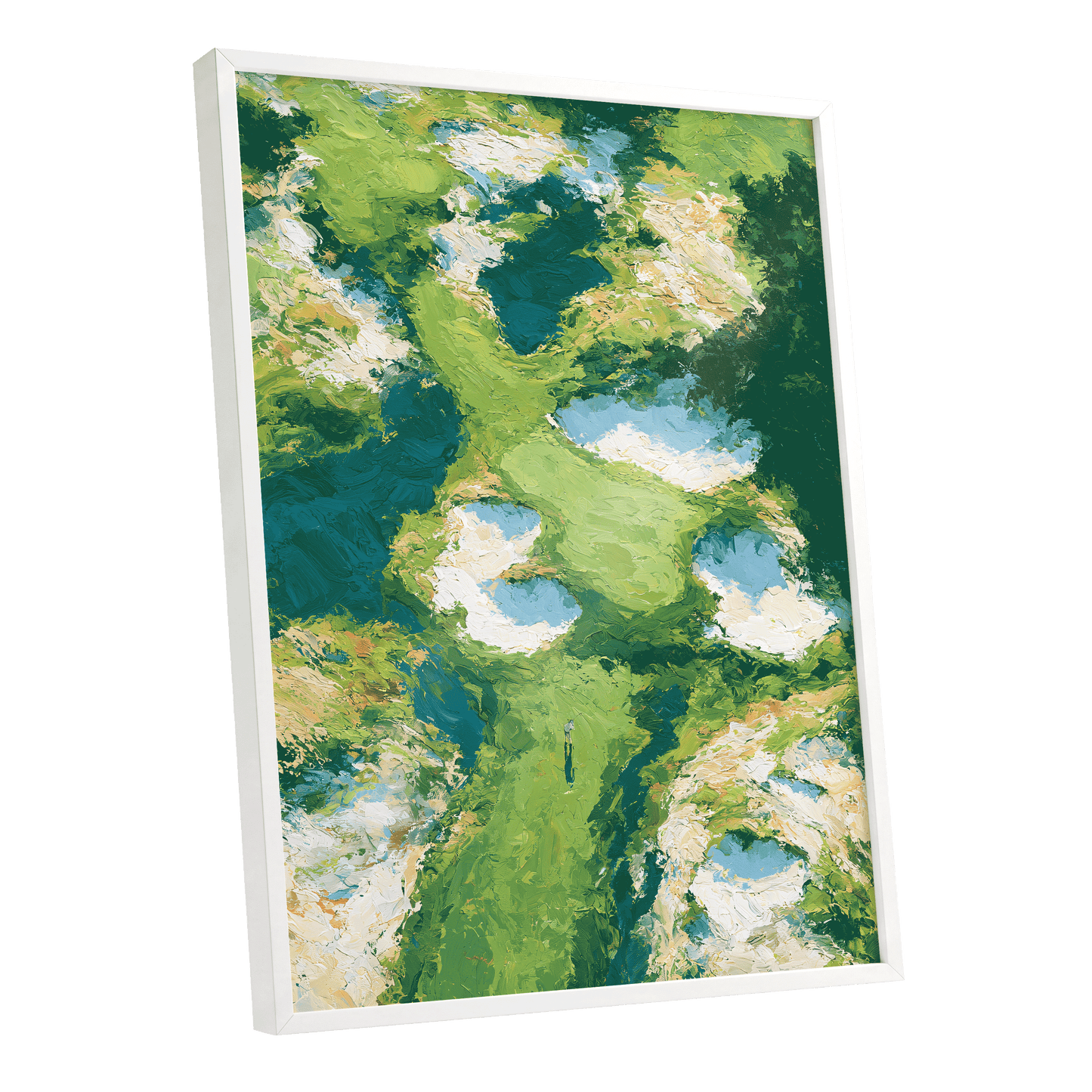 Pools Among the Green, green, blue, white nature wall art shown as a white framed poster wall art print