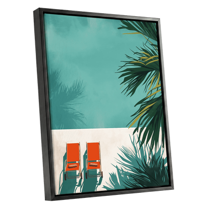 Poolside Palm Shadows, blue, green, beige nature wall art shown as a black framed canvas wall art