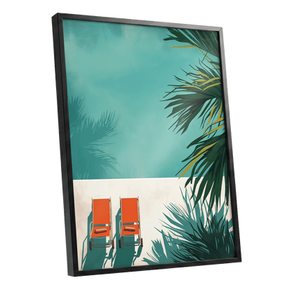 Poolside Palm Shadows, blue, green, beige nature wall art shown as a black framed poster wall art print