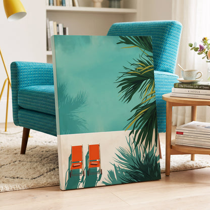 Poolside Palm Shadows, blue, green, beige nature wall art on canvas displayed in a styled interior, gallery view 2