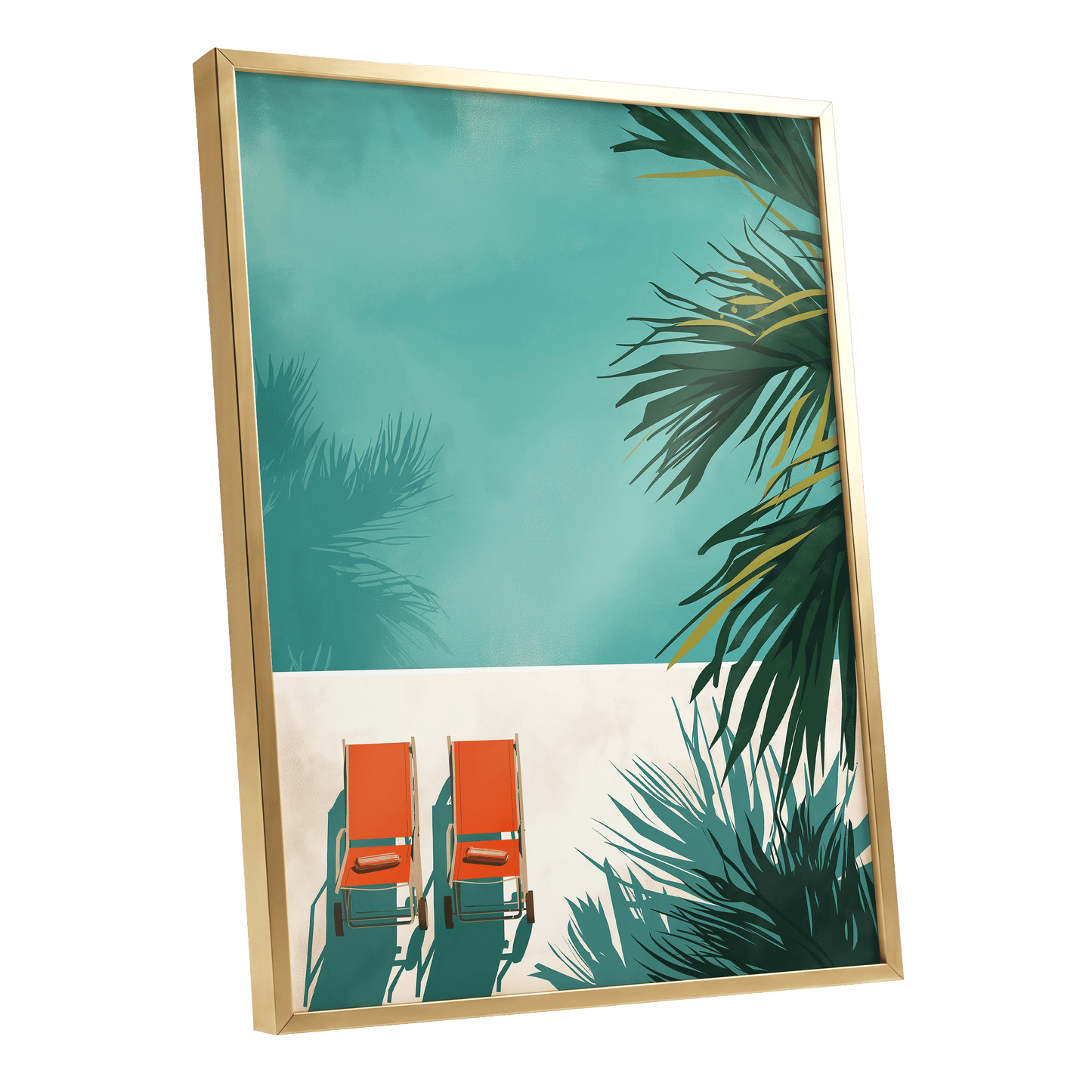 Poolside Palm Shadows, blue, green, beige nature wall art shown as a gold framed poster wall art print