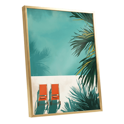 Poolside Palm Shadows, blue, green, beige nature wall art shown as a gold framed poster wall art print