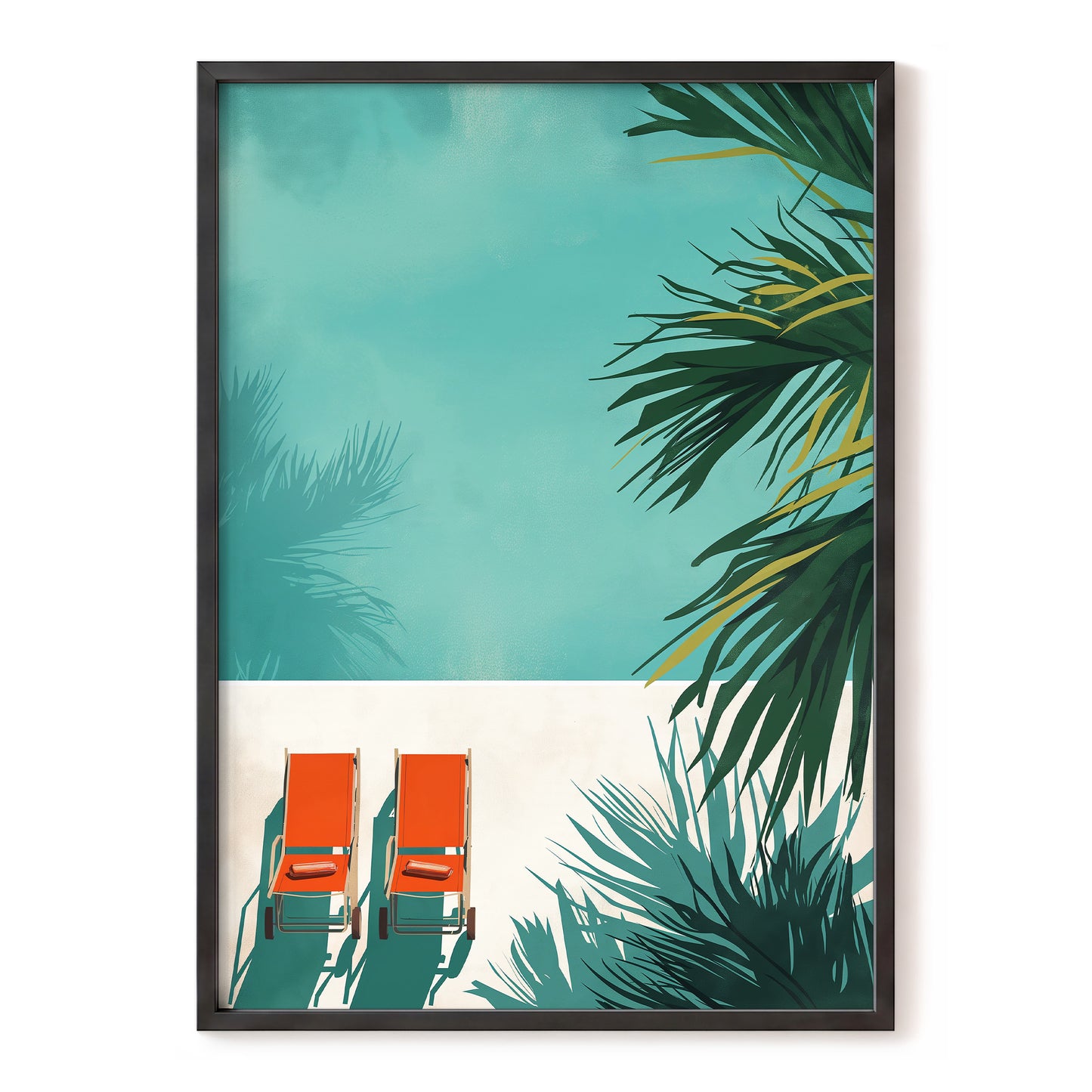 Poolside Palm Shadows, blue, green, beige nature wall art, front artwork view