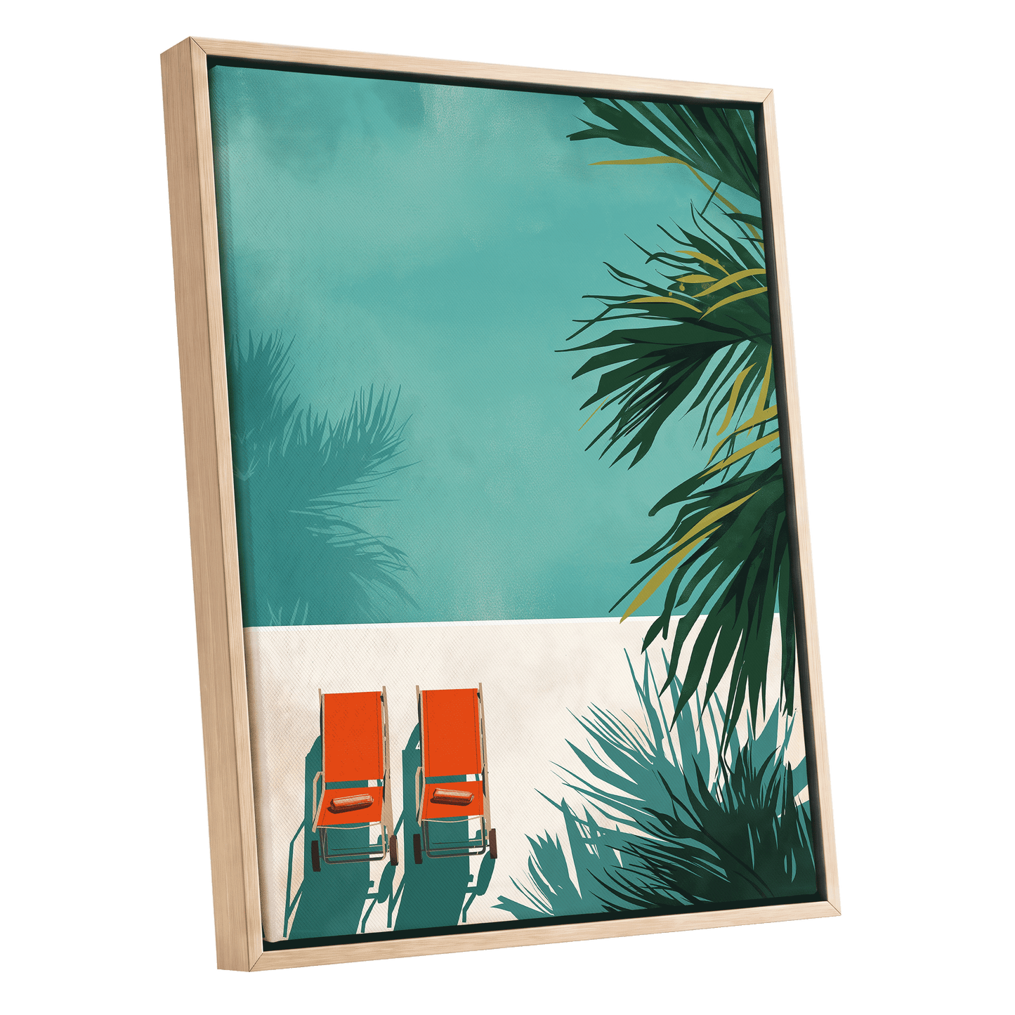 Poolside Palm Shadows, blue, green, beige nature wall art shown as a oak framed canvas wall art
