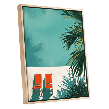Poolside Palm Shadows, blue, green, beige nature wall art shown as a oak framed canvas wall art
