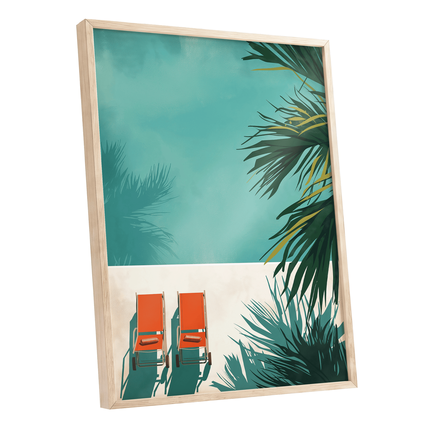 Poolside Palm Shadows, blue, green, beige nature wall art shown as a oak framed poster wall art print